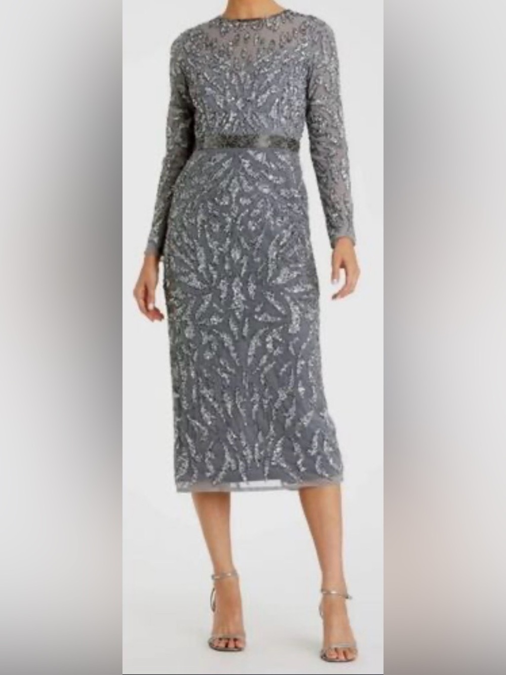 Mac Duggal Silver Sequined Midi Sheath Dress Size 14